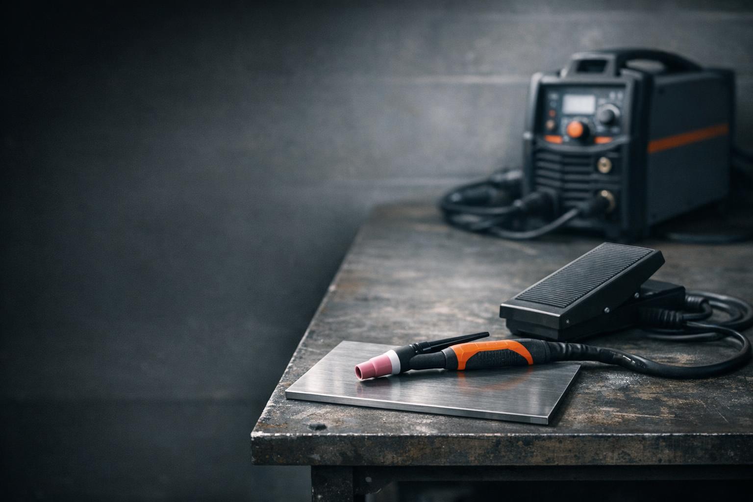 Conceptual AC/DC TIG welding machine on a workshop bench AI-generated editorial illustration.